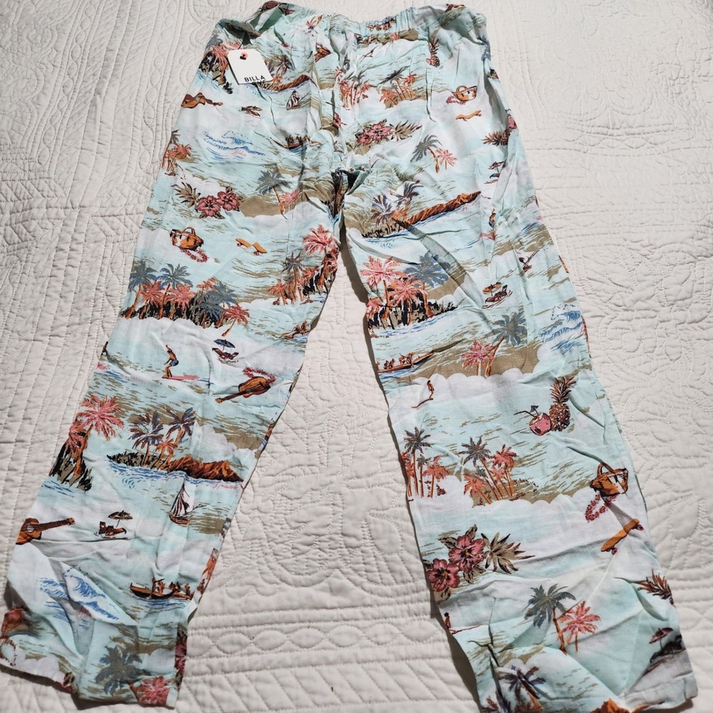 Billabong Luau Legs Tropical Island Print Pants Light Blue Womens Large NWT